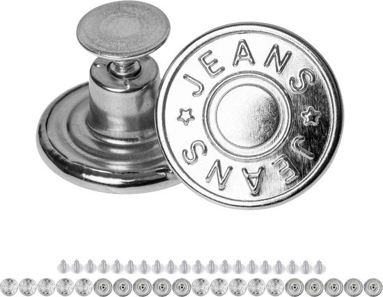 Viti di sostituzione per jeans, Ø 20 mm, viti di jeans in ottone, 20 pezzi, colore argento, viti di jeans con viti a vite, viti di jeans per serraggio, viti di metallo per allargare i pantaloni, viti di metallo per pantaloni