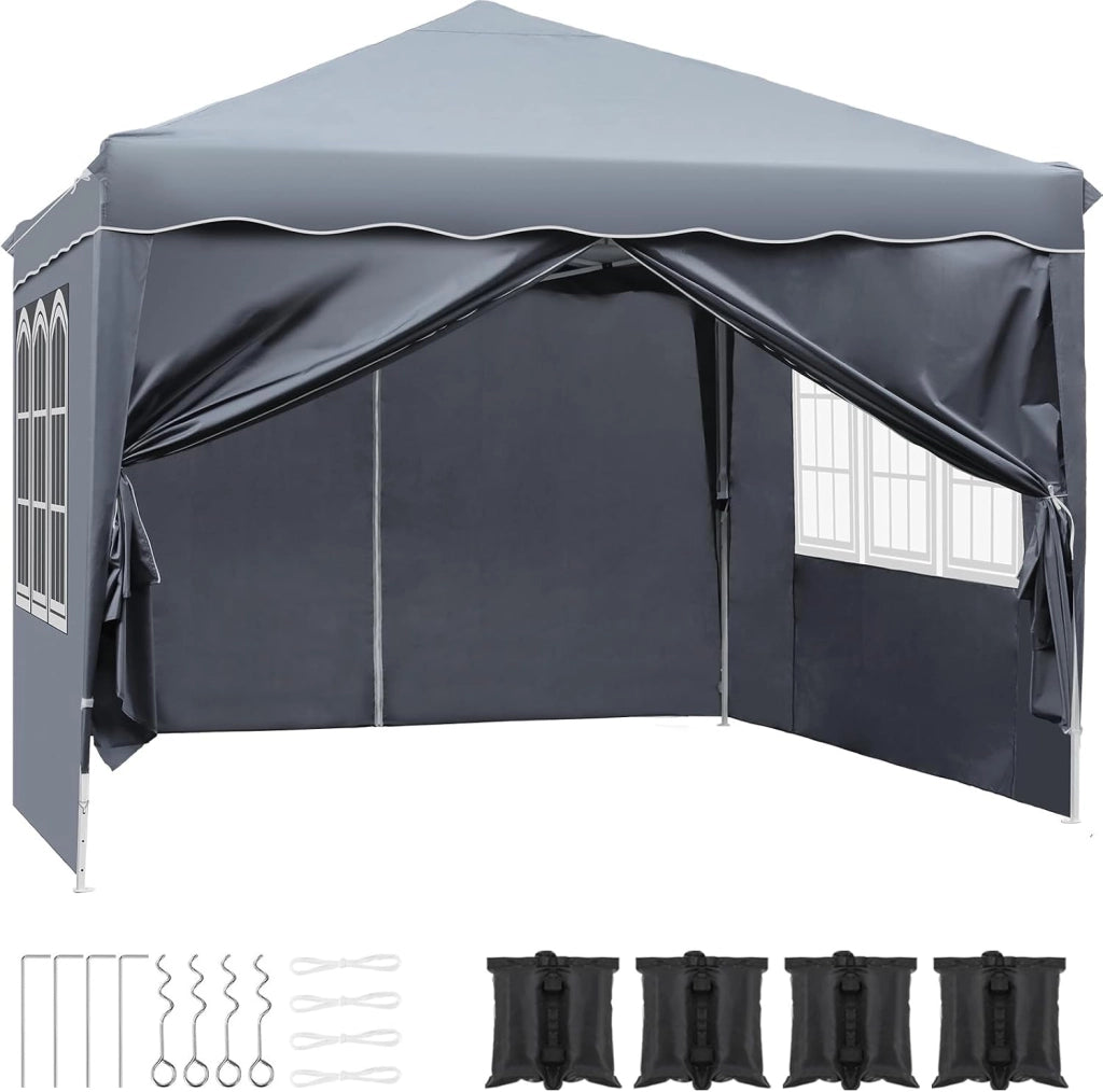 Gazebo Pieghevole 3x3 Impermeabile con 4 PCS Sacchi di Sabbia, UV 50+ 4 Pareti Laterali, Tenda da Campeggio, Giardino, Festival e Feste Grigio