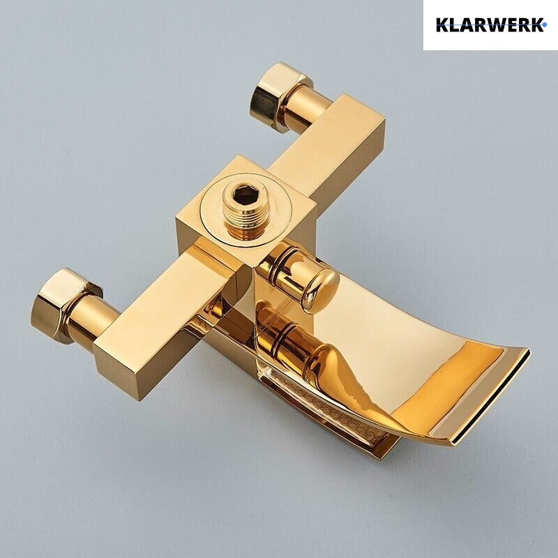 "ROSA" | Miscelatore vasca a cascata doccia oro | in acciaio inox comprensivo di doccetta e supporto | Set completo termostato vasca con rubinetto