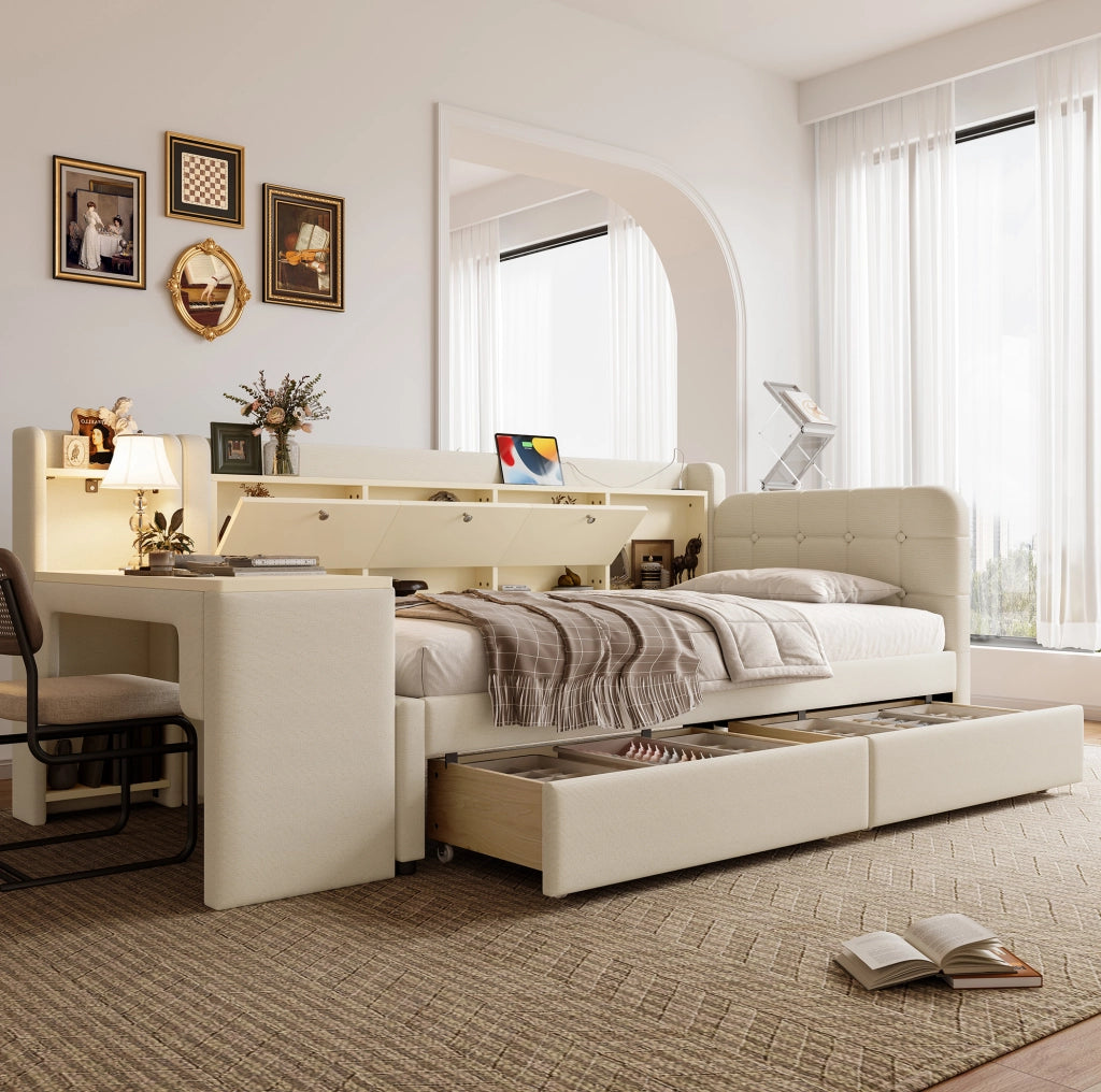 Daybed 90x200 cm con scrivania, 2 cassetti e vano contenitore