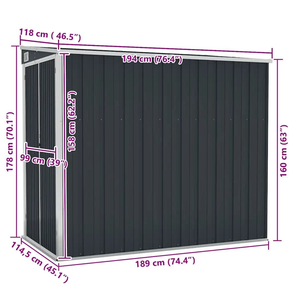 Capanno da Giardino a Parete Antracite 118x194x178 cm Acciaio 316223