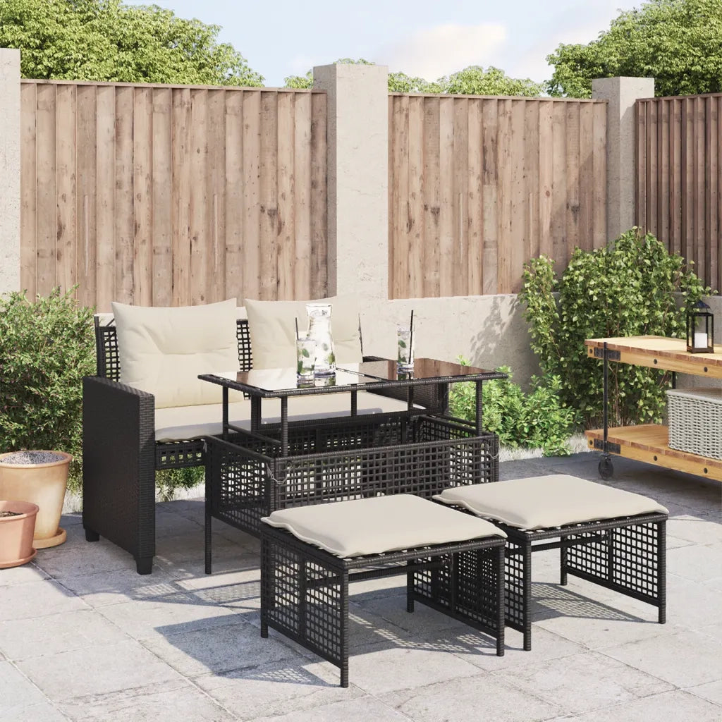 Salotto da Giardino-Set Divani da Giardino 4 pz con Cuscini Nero Polyrattan Vetro