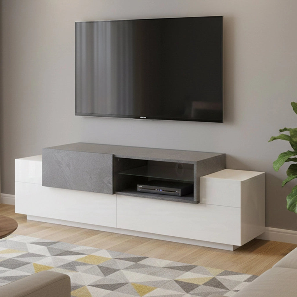 Mobile da soggiorno Porta Andris, Made in Italy, Credenza per Andris da salotto a 3 ante, cm 160x45h51, Bianco lucido e Grigio Cemento