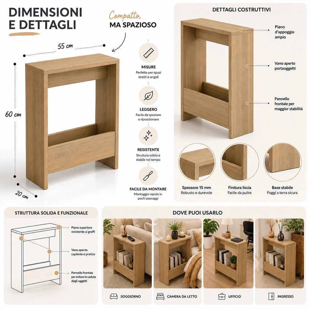 Tavolino Laterale Divano Quercia Tavolo Salvaspazio Multifunzione 55x20x60cm