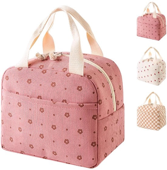 Borsa Insolata a Corduroy con Funzione Termica | Scatola di Latta Extra Spessa con Impermeabile | Borsa di Latta con Grande Capacità per Ufficio e Scuola | Design Stilistico per Donne (Fiori Rosati Piccoli)