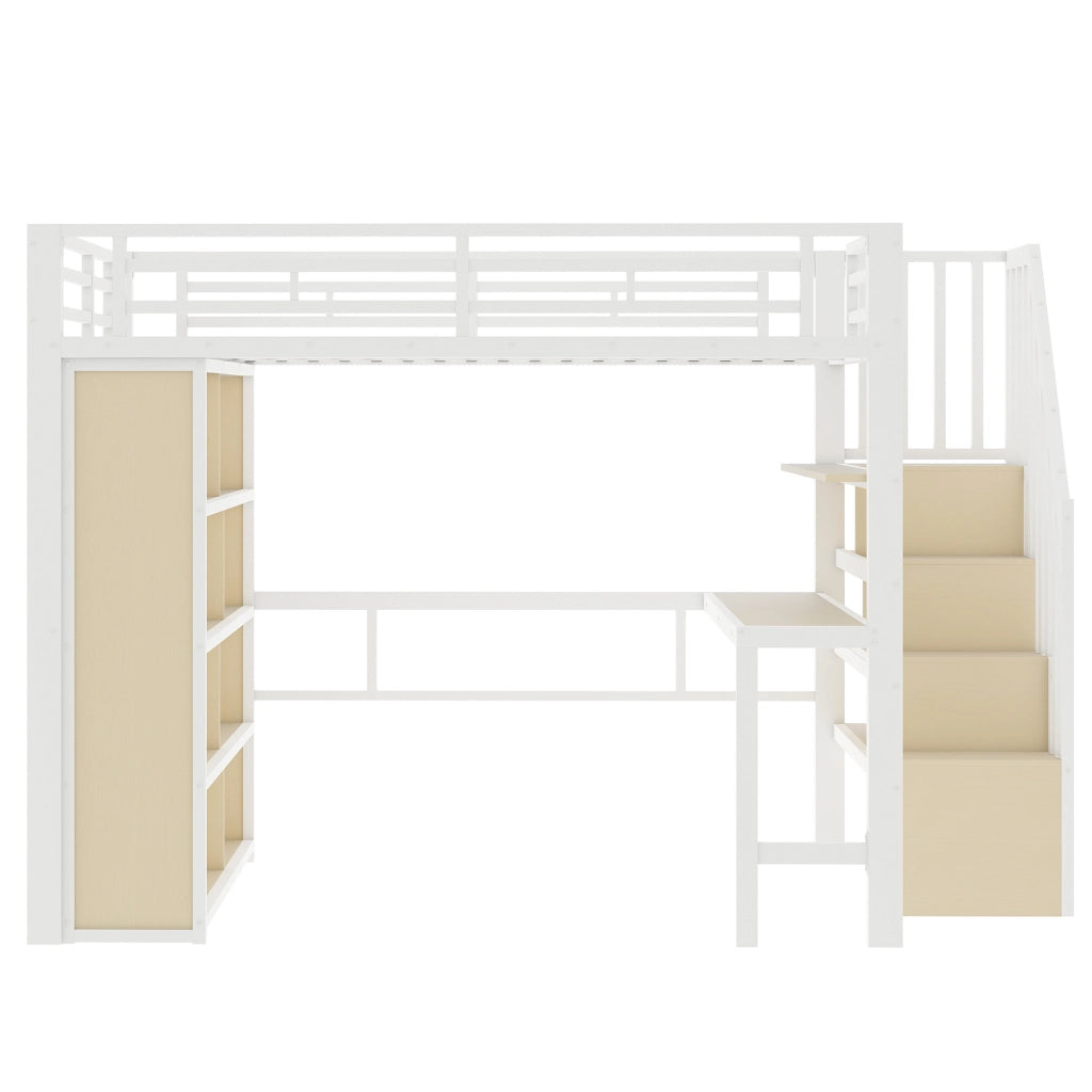 Letto a Soppalco con Scrivania e LED ¨C MINIMAL ¨C Bianco, 140x200, Metallo