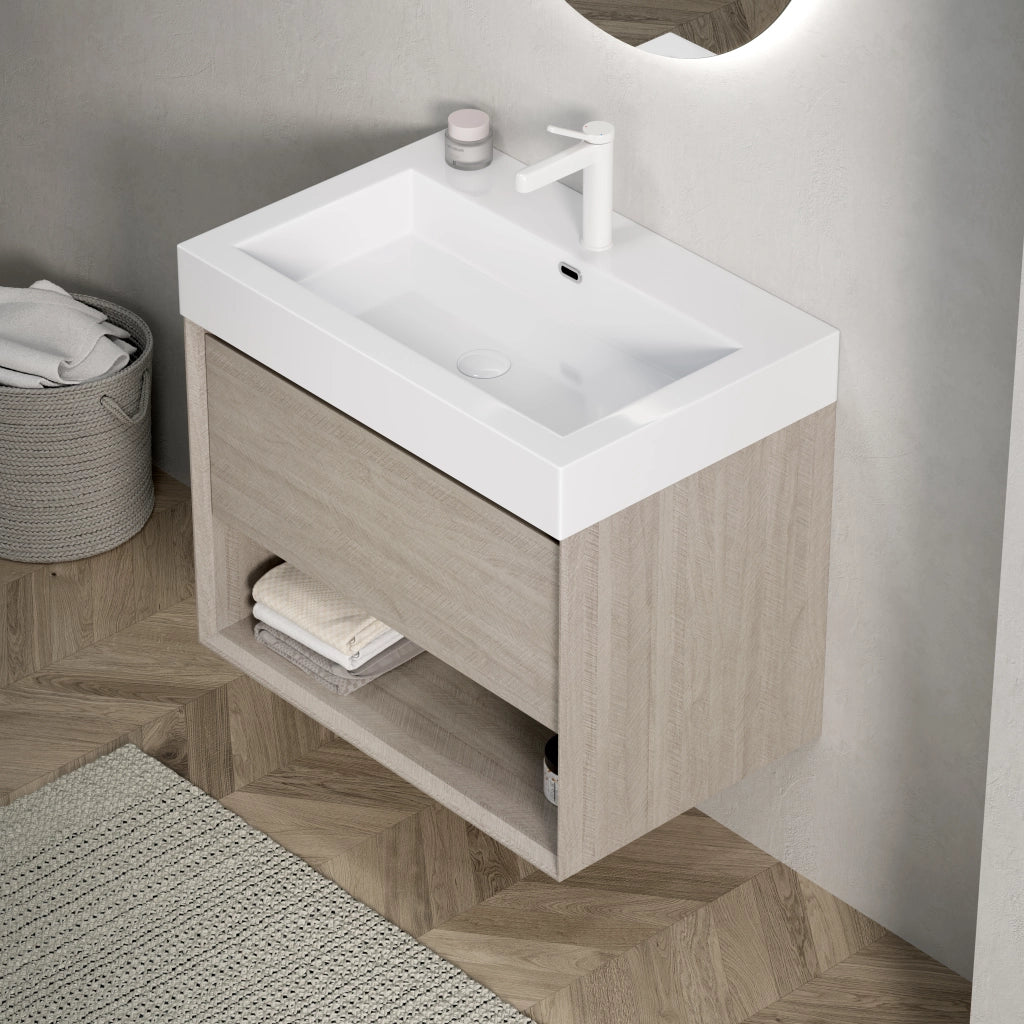 Mobile bagno sospeso con 1 cassetto e 1 vano aperto; lavabo integrato in resina; per bagno; 70×46×60 cm