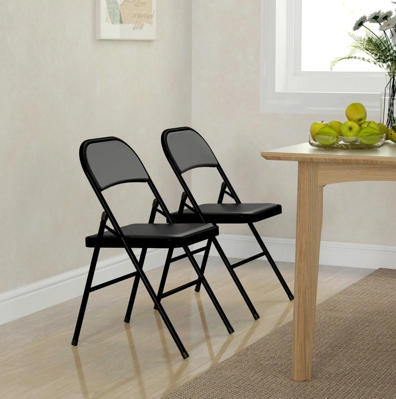 Sedia pieghevole 45x46x78 cm con seduta imbottita in metallo e pelle rigenerata nera