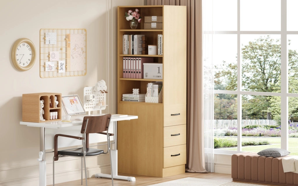 Libreria slim 180 cm con cassetti laterali e ripiani regolabili, ideale per spazi piccoli