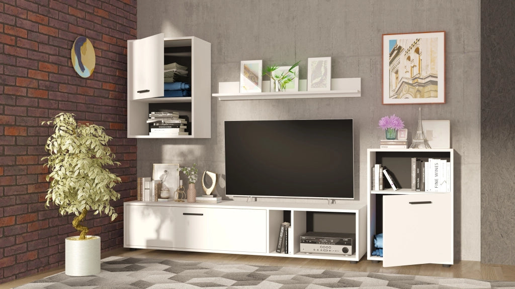 Mobili  soggiorno RENA - 3 Armadietti - Bianco - Maniglie nere - Larghezza 210 cm, Altezza 190 cm, Profondit? 36 cm