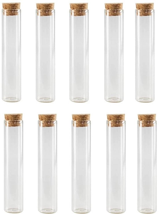 Set di tubi di vetro trasparenti per reazioni - 10 pezzi - Ideali per la conservazione e gli esperimenti - 60 ml - Con stopperi di gomma - Adatti per polveri e tisane