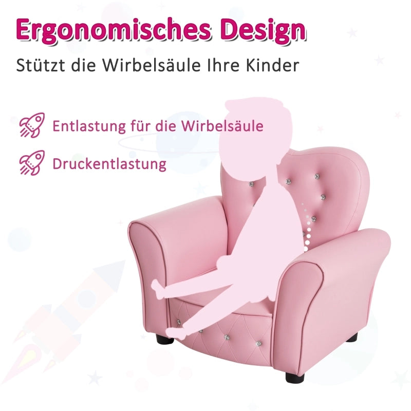 Poltrona per bambini con schienale trapuntato e piedi in legno comfort e pulizia facile in PVC rosa 59 × 41,5 × 49 cm
