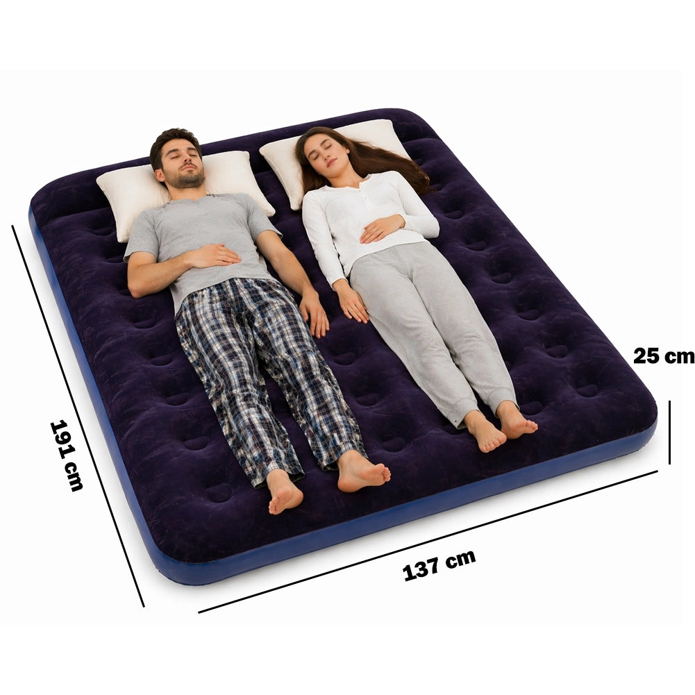 Materasso Matrimoniale Gonfiabile 191x137x22 cm Floccato Ergonomico da Campeggio in PVC Blu
