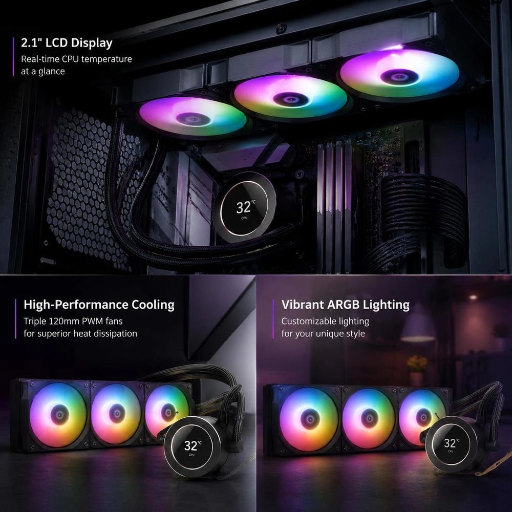 CPU Liquid Cooler, AIO CPU Water Cooler – 3x 120 Mm PWM Fans & Pump, PC Water Cooling With 5.3 Cm LCD Display & ARGB Lighting, For Intel 115X/1366/2011/1700/1200, AMD AM4/AM5