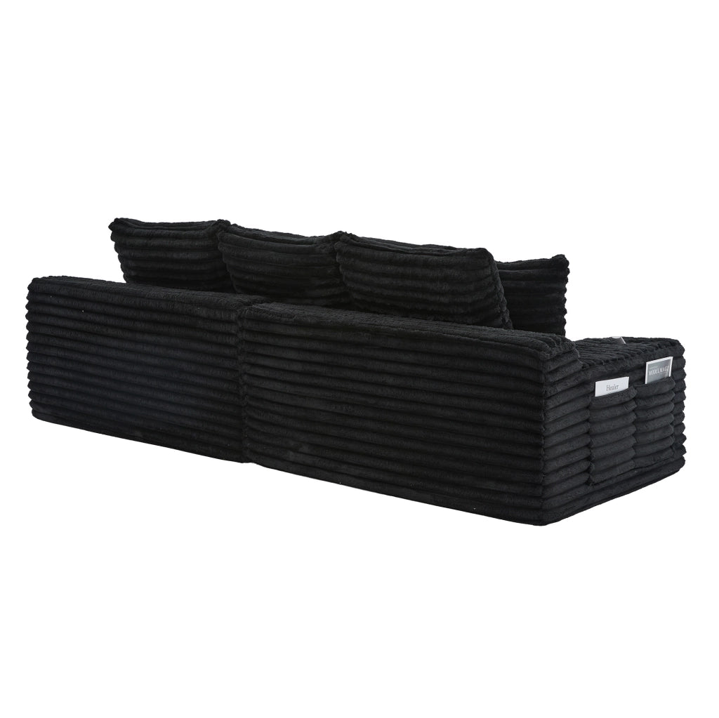 Divano letto 273x98x87 cm in velluto a coste nero con tasche e portabevande