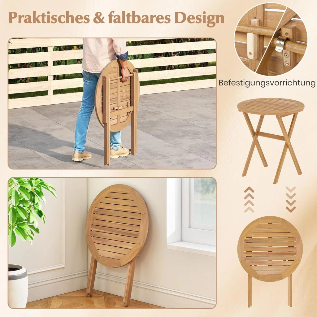 Tavolo rotondo pieghevole in legno di Acacia, tavolo da giardino rotondo, vassoio per doghe struttura a X, barre trasversali rinforzate, chiusura e 2 ganci, per balcone, terrazza, campeggio