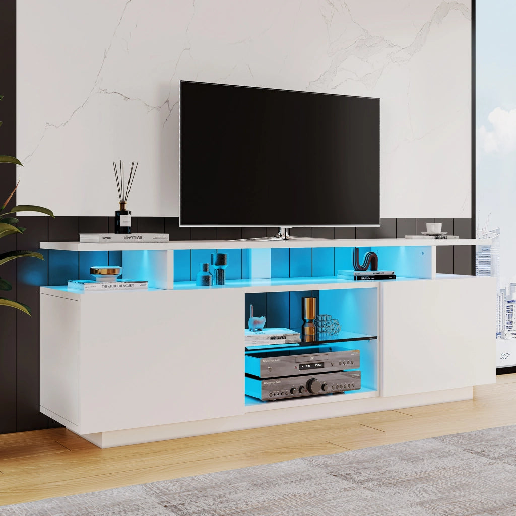 Mobile TV 2 ante e 5 vani con striscia LED controllata da app, per soggiorno, pannello bianco, 140 × 35 × 55 cm