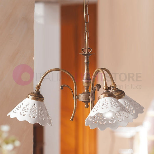 VOLTERRA Lampadario 3 Luci Ottone Ceramica Rustico Country