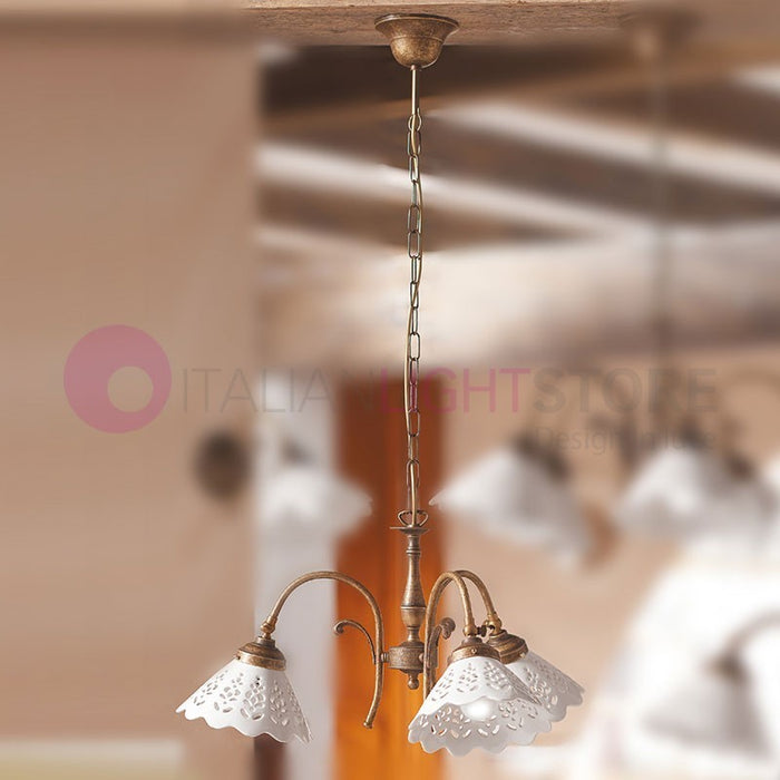 VOLTERRA Lampadario 3 Luci Ottone Ceramica Rustico Country