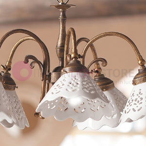 VOLTERRA Lampadario 5 Luci Ottone e Ceramica Rustico Country