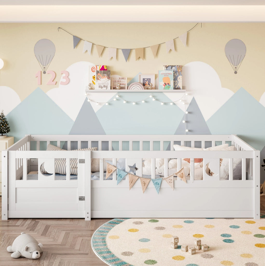 Letto per bambini 90 x 190 cm in pino bianco con sponde e decori stella e luna