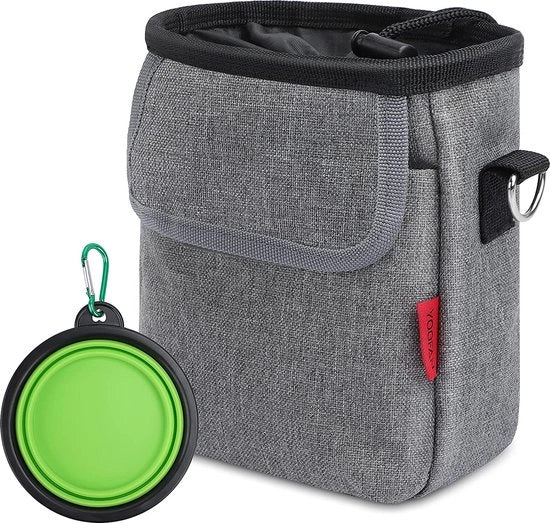 Zak da appendi per cani con dispenser di sacchetto per escrementi, con taschino per snack, con bacino da bere per cani, pieghevole, colore grigio