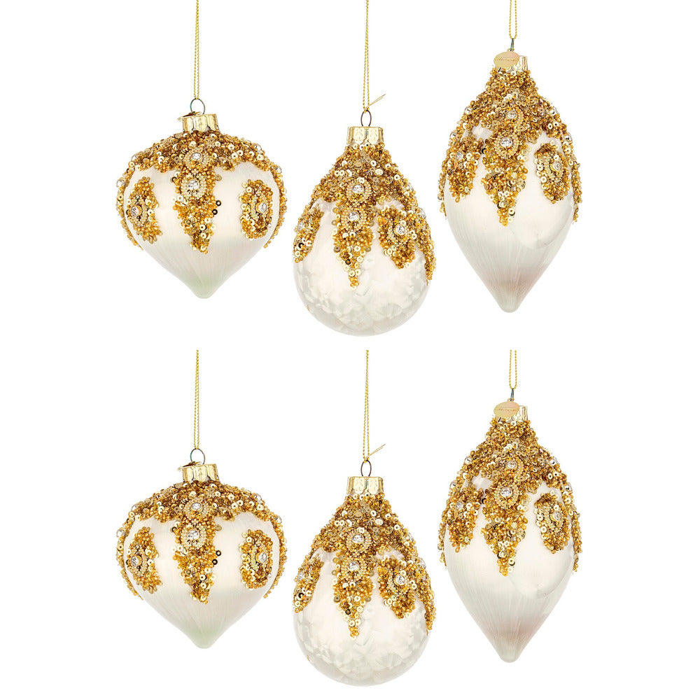 Pendagli di Natale in Vetro Bianche con Perline Oro Melissa