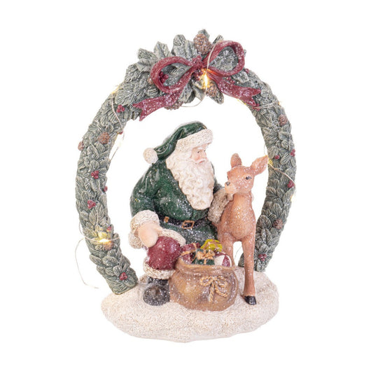 Decorazione Natalizia Luminosa con Babbo Natale sotto una Corona LED 22,5 cm