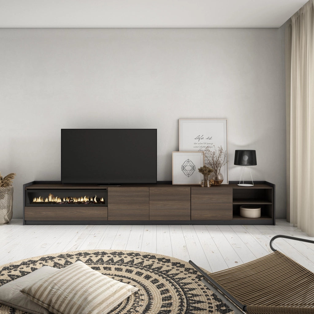 Mobile TV Soggiorno, 310x50x37 cm, Per TV fino a 80", Camino elettrico, Rovere scuro e Nero