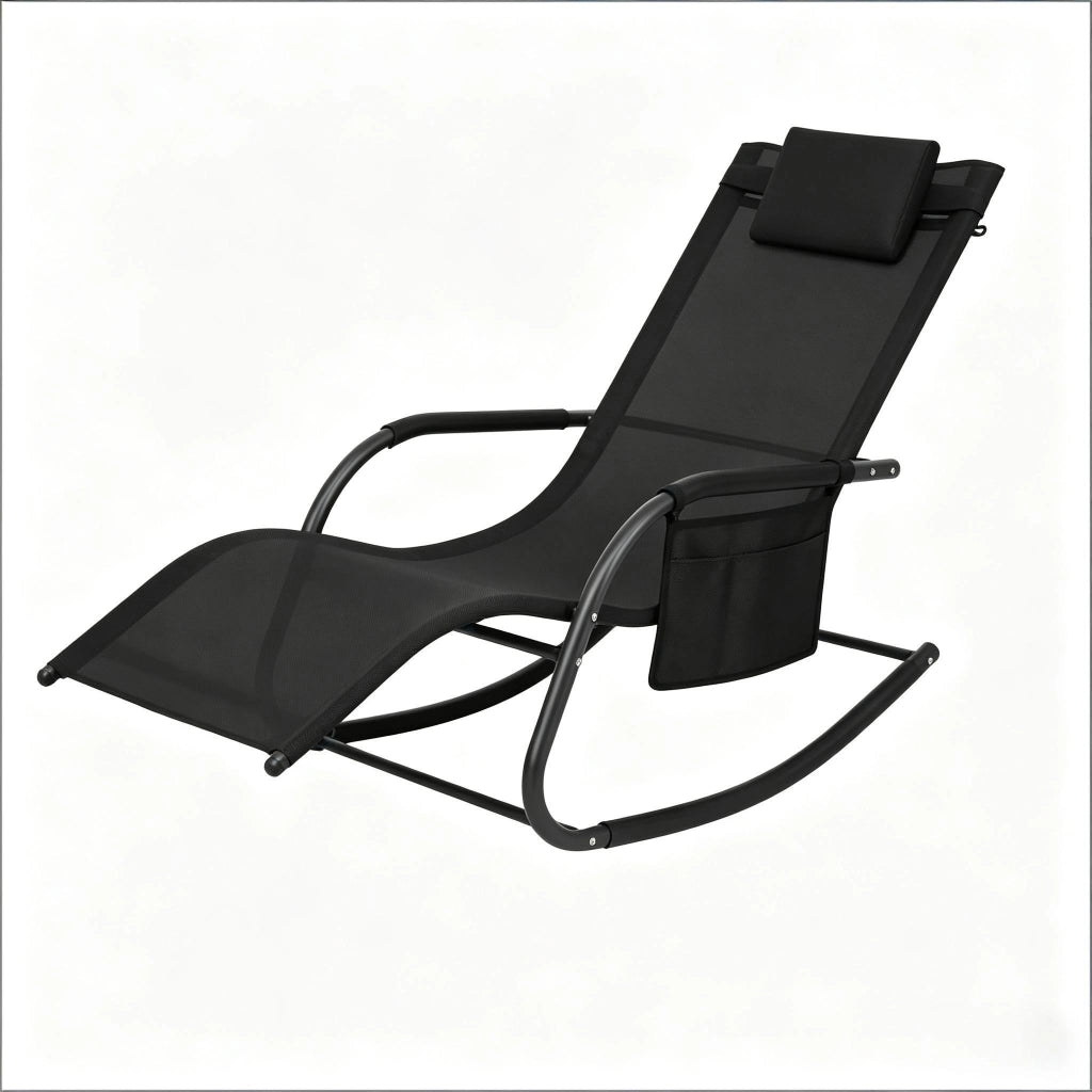 Sedia a dondolo da esterno con tasca laterale e design ergonomico in metallo e poliestere nero