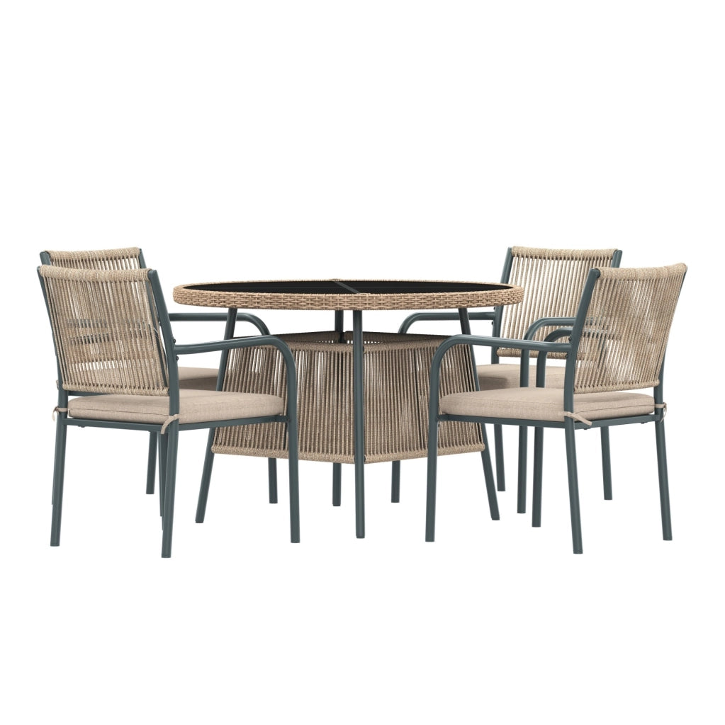 Set da giardino 5 pezzi con tavolo rotondo in vetro temperato; sedie con braccioli; grigio