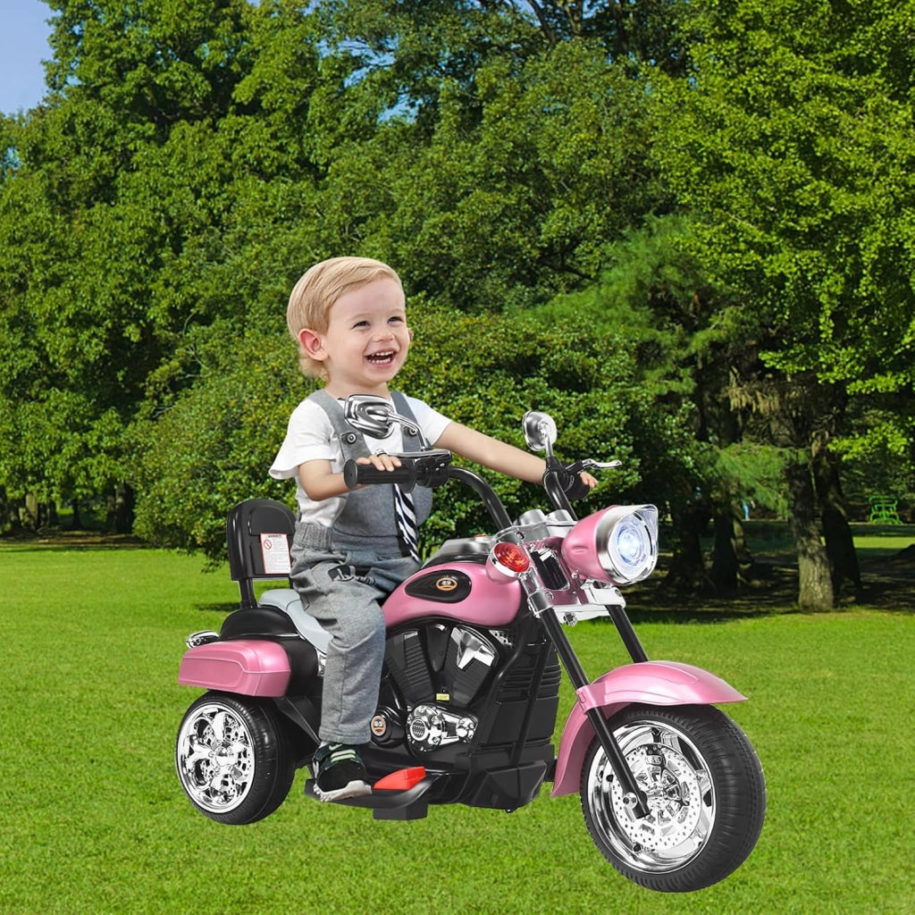 Moto Elettrica per Bambini 6V a 3 Ruote con Luci LED e Suoni, Motorino Triciclo con Acceleratore a Pedale, Motocicletta con Specchietto, 3 km/h, Carico 30 kg, 3+ Anni (Rosa)