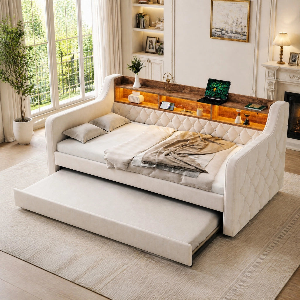 LETTO Estraibile 90x190 cm in Velluto Beige con LED, USB-C e ripiano