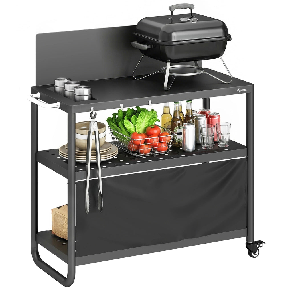 Carrello Barbecue Mobile 3 Livelli con Paravento ¨C zephmum ¨C 100x46x110cm Nero