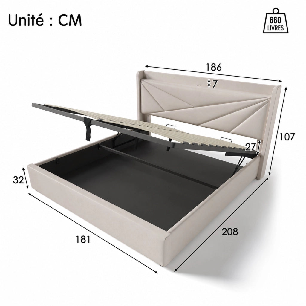 DESMIU Letto contenitore 180 × 200 cm 2 posti USB, Type-C e testiera, senza materasso, in lino cotone beige