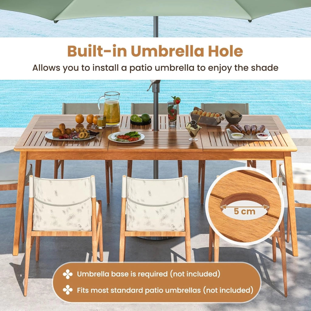 Tavolo da Giardino con Foro per Ombrellone da 5 cm, Tavolo da Pranzo in Legno di Acacia, Tavolo Rettangolare per 8 Persone, per Esterno, Balcone, Cortile, Veranda (Modello III)
