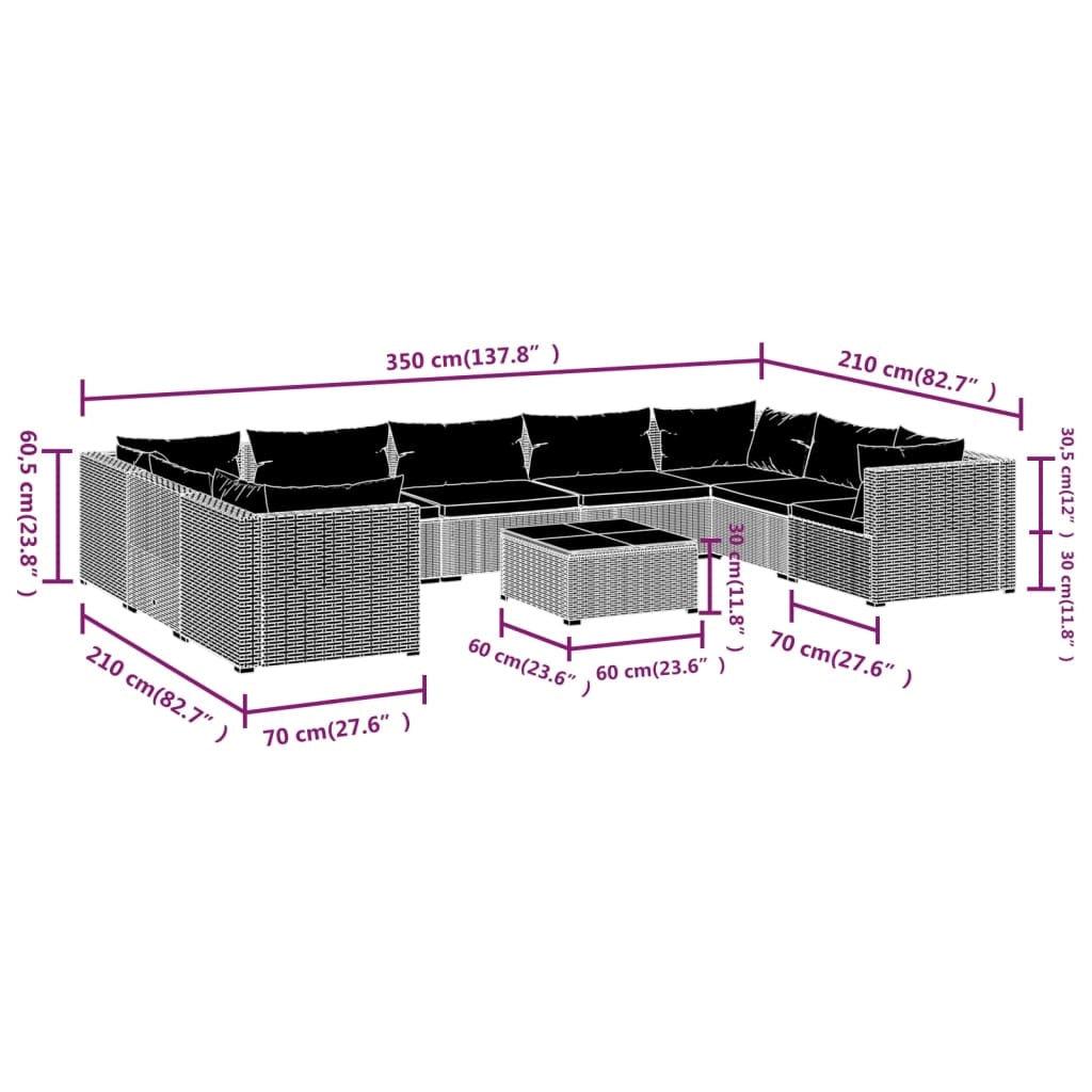 Set di mobili da giardino set arredamento da esterno 10 pezzi con cuscini in polyrattan marrone 02_0015165