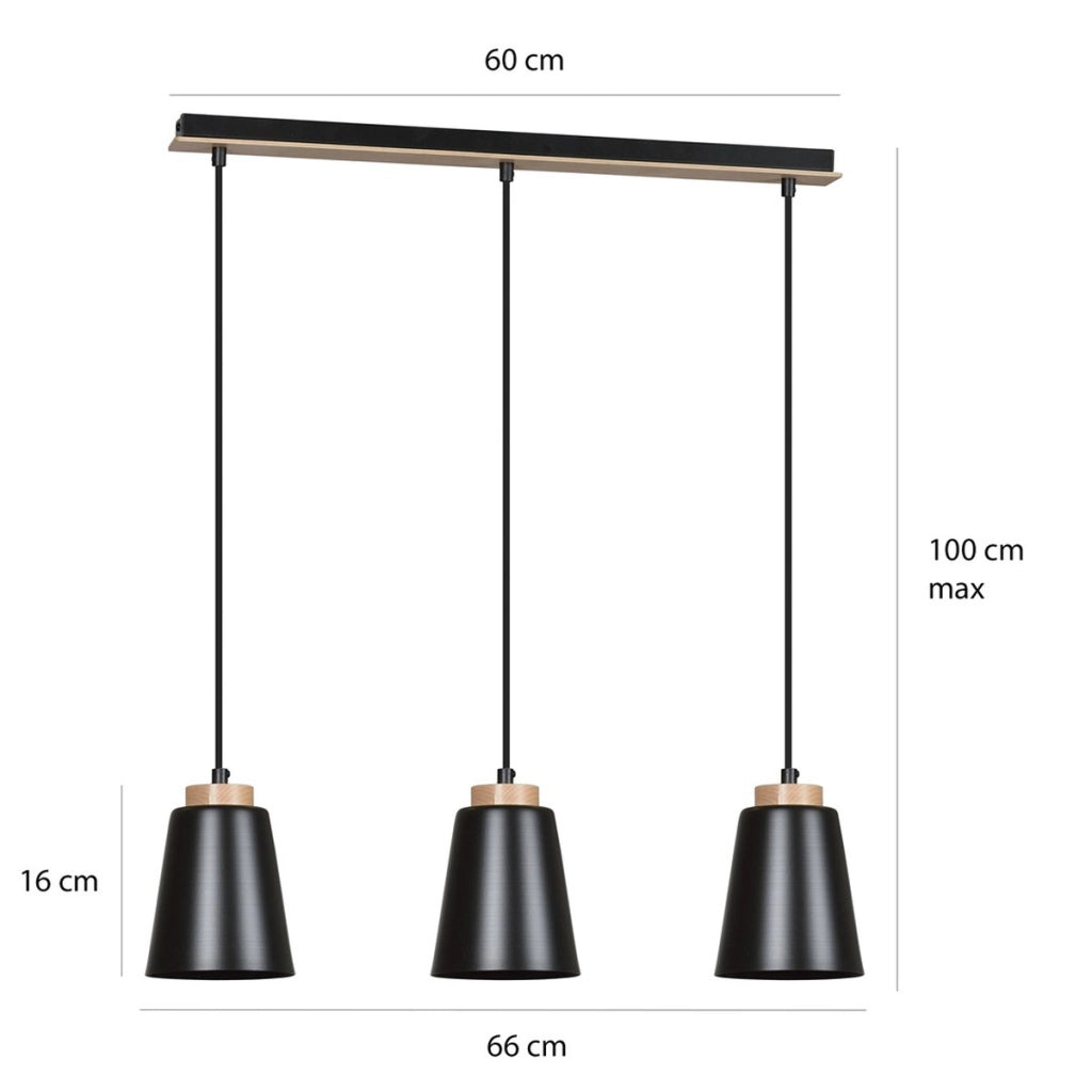 Lampada a sospensione BOLERO 3 in acciaio nero opaco e legno