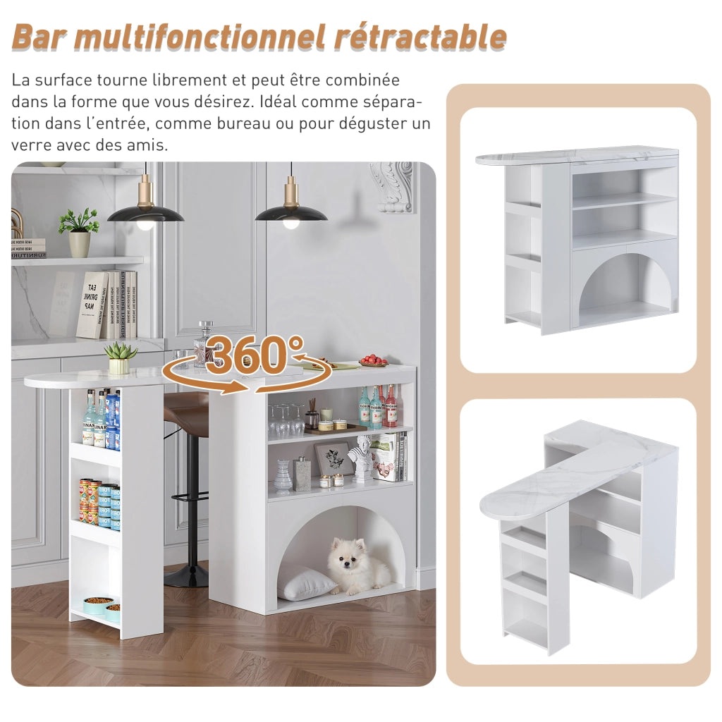 Tavolo allungabile con vano per animali e ripiani aperti in MDF bianco effetto marmo per cucina e sala da pranzo 120(+80) × 40 × 100 cm