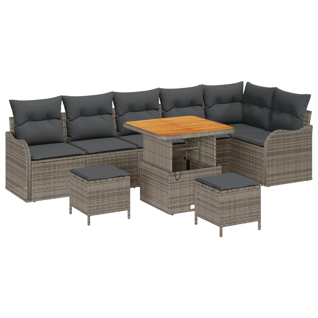 Set di 9 Pezzi Divano da Giardino con Cuscini Rattan Poliestere Grigio Acacia