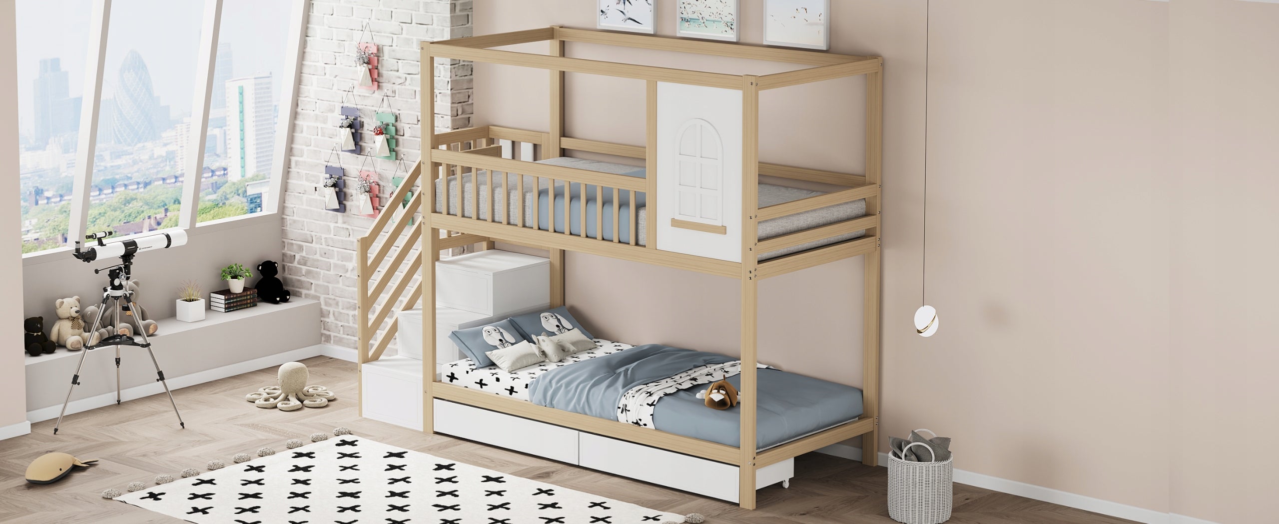 Letto a castello in legno - Xylo - 90x200 cm - con cassetti e scala