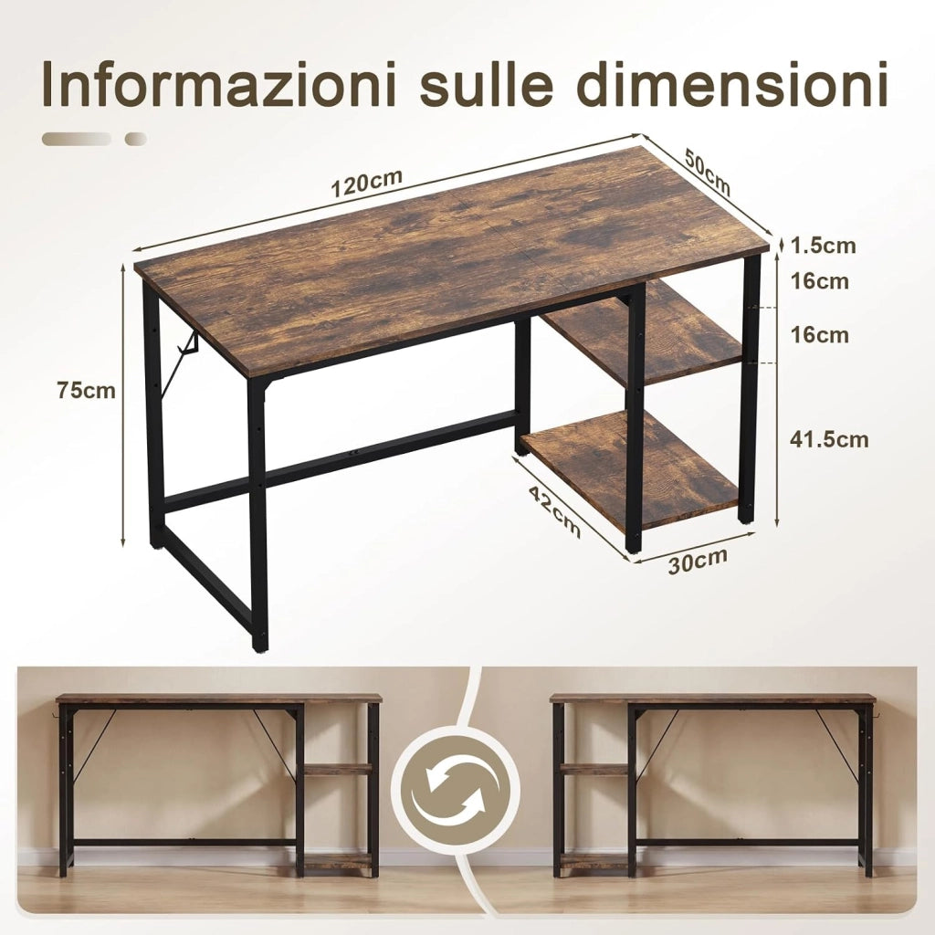Scrivania Per Computer Industriale 120 x 50 cm, 2 Ripiani Regolabili Sinistra/Destra in Acciaio, Tavolo da Lavoro Mobile per Ufficio Casa Stile Vintage Marrone & Nero