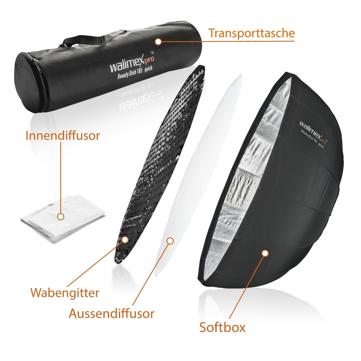 Studio Line Beauty Dish Softbox QA105 - Beauty Dish light shaper, Ø 105 cm, profondità 46 cm, pieghevole, con griglia, diffusore interno ed esterno, per flash da studio Speedlite, 22456