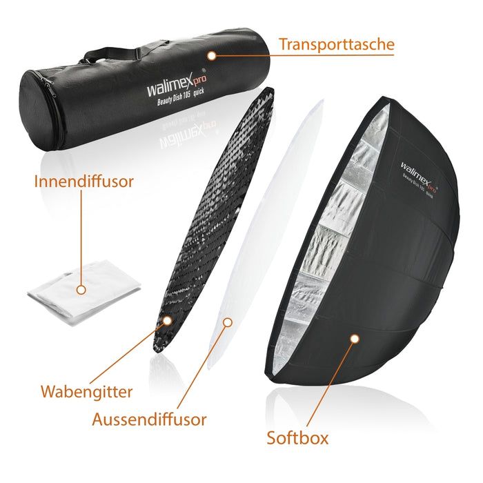 Studio Line Beauty Dish Softbox QA105 - Beauty Dish light shaper, Ø 105 cm, profondità 46 cm, pieghevole, con griglia, diffusore interno ed esterno, per flash da studio Speedlite, 22456