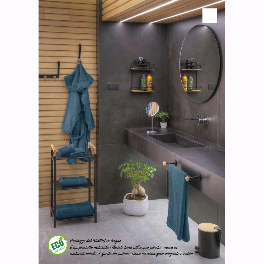 Mensola Rettangolare per Bagno in Acciaio Colore Bianco Opaco 2 ripiani Bambù 26,5x10x36H cm