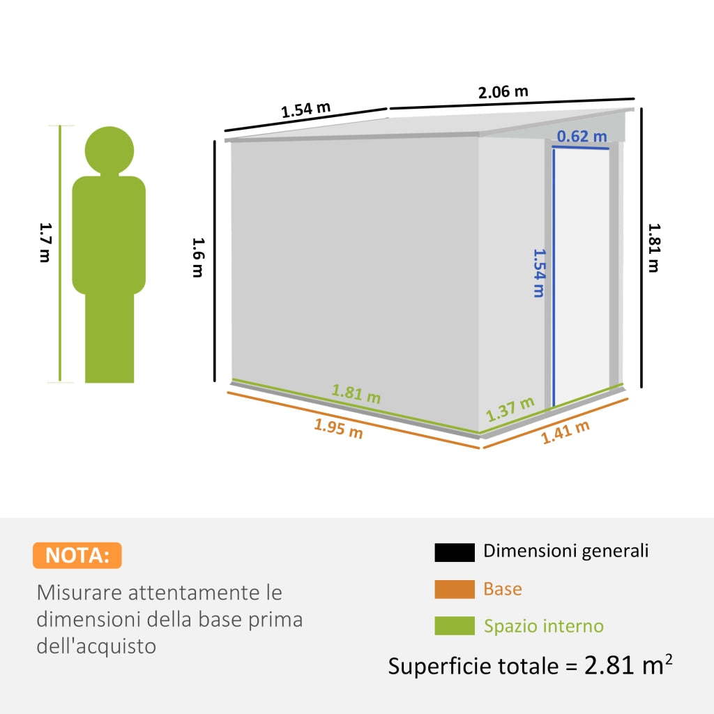 Capanno Porta Attrezzi 1,5x2m con Base Porta Scorrevole e Tetto Inclinato in Metallo Verde