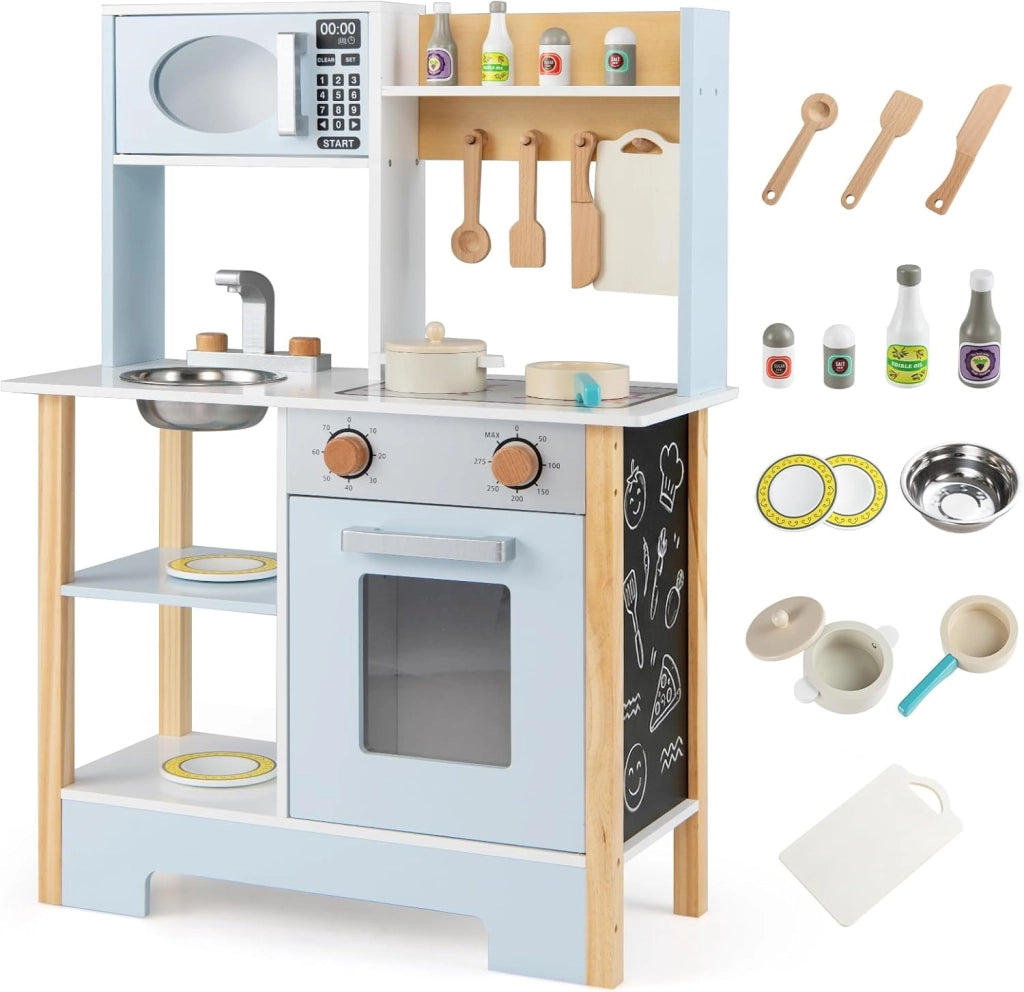 Cucina Giocattolo in Legno per Bambini, Set Cucina Gioco con Lavagna e Accessori Completi, Gioco di Finzione per Bambini 3+ Anni, 61,5 x 26 x 85 cm