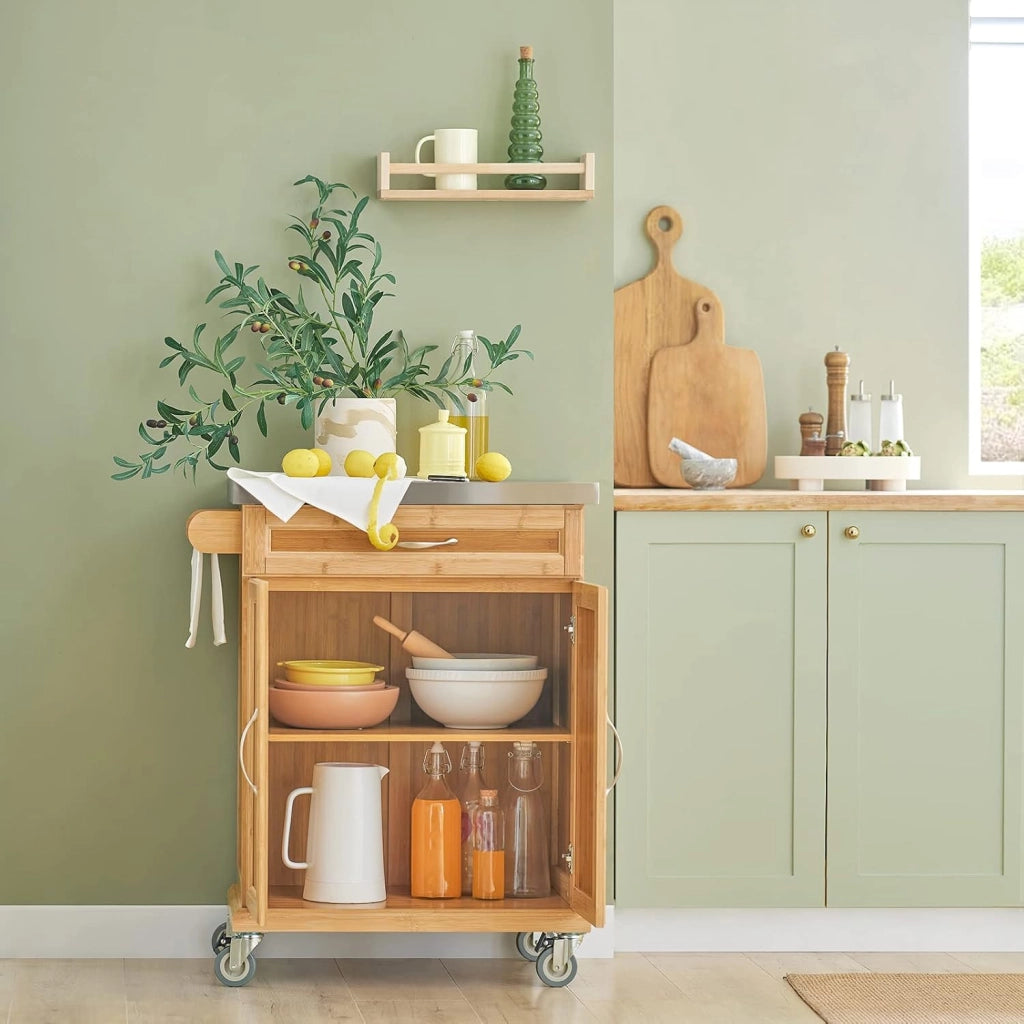Carrello cucina con ruote, piano in acciaio inox, mobile cucina salvaspazio in bambù, isola cucina moderna – Ideale per cucina, sala da pranzo o ristorazione – 66x92x46 cm, FKW13-N