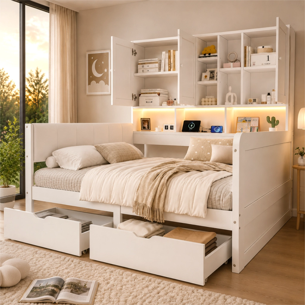 Letto a divano a L 140x200 cm con vani portaoggetti, 2 cassetti, ripiani, LED, presa USB e testiera imbottita in PU, legno bianco