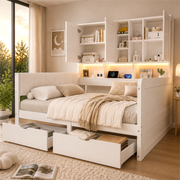 Letto a divano a L 140x200 cm con vani portaoggetti, 2 cassetti, ripiani, LED, presa USB e testiera imbottita in PU, legno bianco